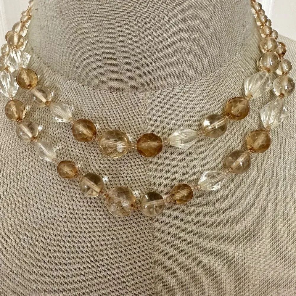 Clear and orange glass beaded double strand necklace